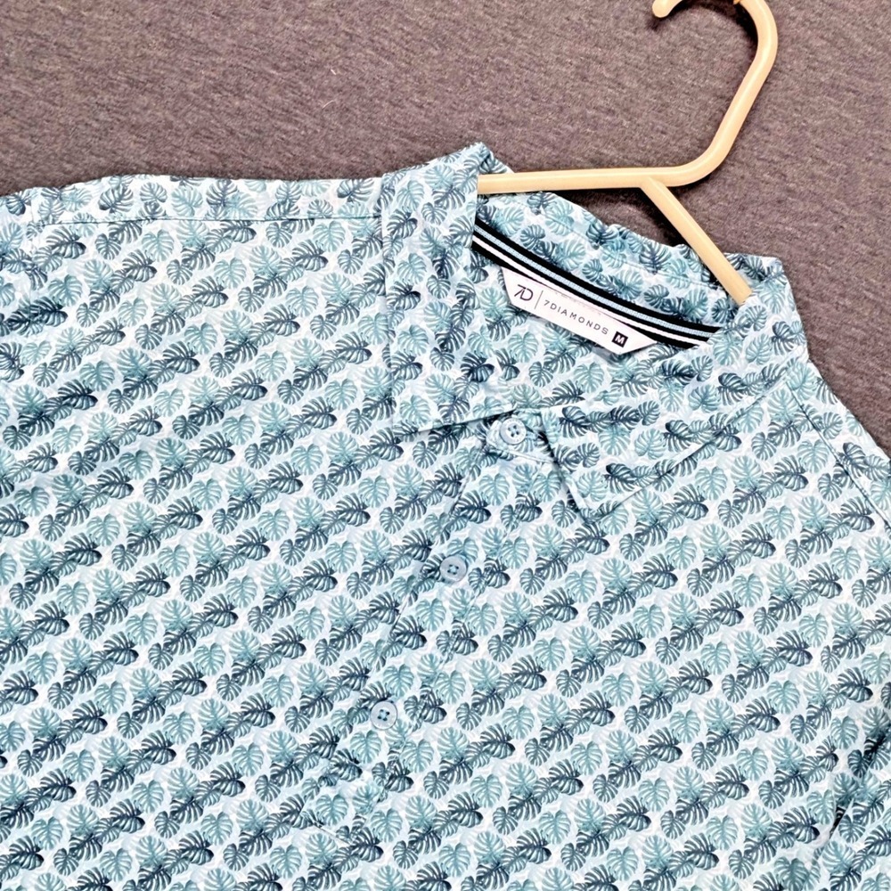 7Diamonds Polo Mens M Blue Tropical Leaf Print Short Sleeve Golf Shirt 4Way